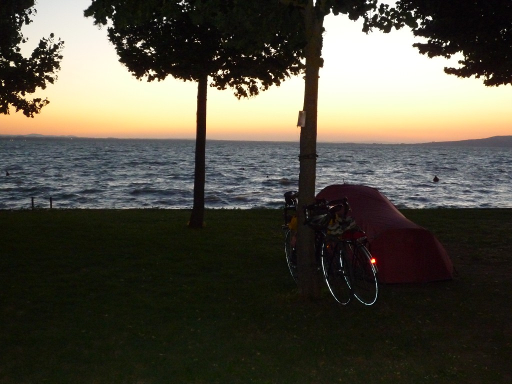 Tent and bikes next to lake